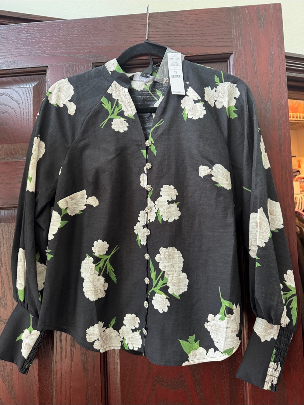 White House Black Market Black Button-Front Floral Blouse